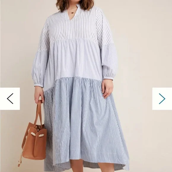 Maeve for Anthropologie Bonnie Striped Blue and White Tiered Midi Dress - Picture 4 of 7